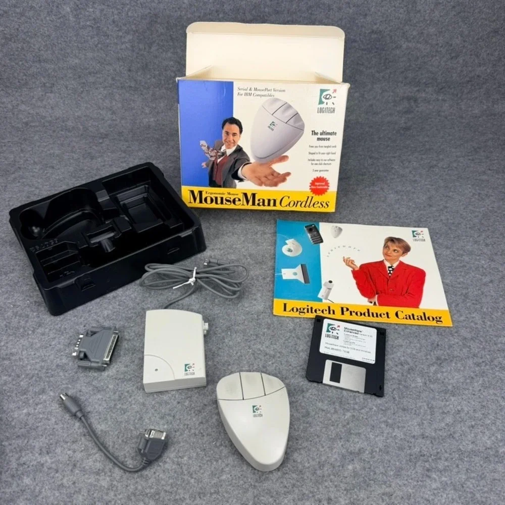 Vintage Logitech MouseMan Cordless Mouse Model 1163 Box Receiver Software Disk